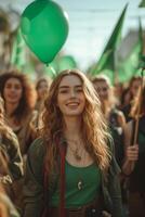 ai generado mujer participación verde banderas y globos a un reunión en internacional De las mujeres día foto