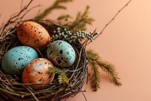 AI generated Nest with colorful Easter eggs and spring flowers on a peach colored background photo