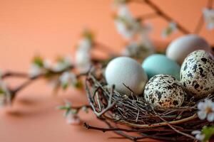 AI generated Nest with colorful Easter eggs and spring flowers on a peach colored background photo