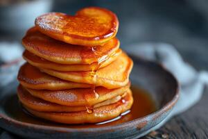 AI generated stack of heart-shaped pancakes with honey on a plate. View from above. Served on the kitchen table for breakfast photo
