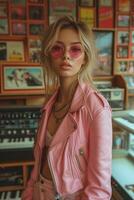 ai generado joven eslavo mujer en un rosado cuero chaqueta y rosado Gafas de sol en un música Tienda foto