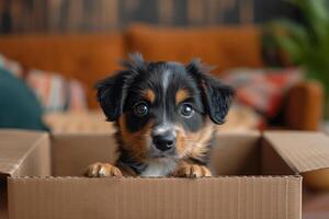 AI generated An open box with a cute puppy peeking out. Classic living room interior in the background photo