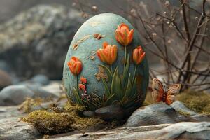 ai generado Pascua de Resurrección huevo adornado con vibrante tulipanes y juguetón mariposas foto