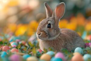 AI generated rabbit in a field filled with colored little easter eggs photo