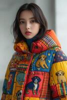 AI generated Naive Puppies Pattern Quilted Down Jacket Front-View photo