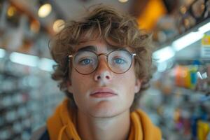 AI generated Wide-Angle Snapshot of a Young Man at the Eyeglass Store photo