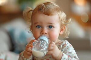 ai generado alimentación un bebé desde un botella con Leche foto