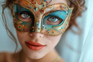 ai generado retrato de contento sonriente mujer en brillante carnaval veneciano máscara en blanco antecedentes foto