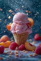 AI generated peach slices falling on a double scoop of strawbarries cone icecream photo