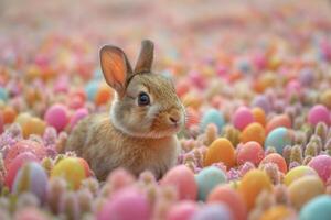 ai generado Conejo en un campo lleno con de colores pequeño Pascua de Resurrección huevos foto