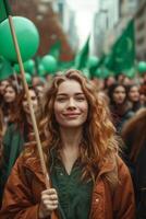 AI generated Women holding green flags and balloons at a rally on international womens day photo