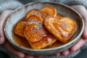 AI generated stack of heart-shaped pancakes with honey on a plate. View from above. Served on the kitchen table for breakfast photo