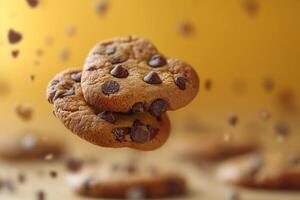 AI generated Chocolate Chip Cookies Soaring on a Yellow Canvas photo