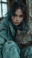 AI generated Cyberpunk Style Portrait with Woman and Cat photo