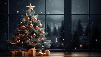 AI generated Christmas tree glowing with lights, snowflakes decorate the background generated by AI photo