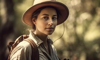 ai generado sonriente mujer en bosque, belleza de naturaleza, de moda y elegante generado por ai foto