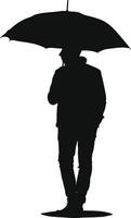 AI generated Silhouette man with umbrella during drizzle black color only vector