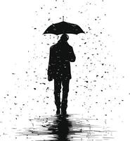 AI generated Silhouette man with umbrella during drizzle black color only vector