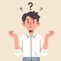 People have curious expressions and question marks are floating around their heads. flat design style vector illustration