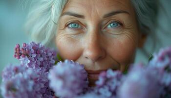 ai generado alegre mayor mujer disfrutando el fragancia de lilas foto