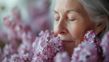 AI generated Joyful senior woman enjoying the fragrance of lilacs photo