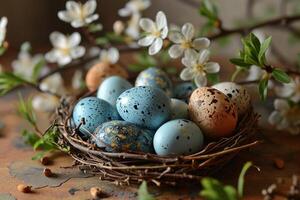 AI generated Nest with colorful Easter eggs and spring flowers on a peach colored background photo