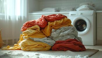 AI generated Dirty Laundry Stacked by Washing Machine photo