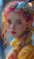 AI generated Colorful Creativity Dynamic Illustration of Character with Multicolored Hair photo