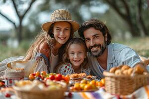 ai generado foto de un familia disfrutando un picnic en el parque, con un vistoso cobija y trata