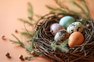 AI generated Nest with colorful Easter eggs and spring flowers on a peach colored background photo