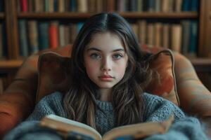 AI generated adolescent girl rests cozily in an armchair, engrossed in a captivating book photo