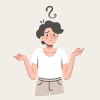 People have curious expressions and question marks are floating around their heads. flat design style vector illustration