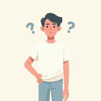 People have curious expressions and question marks are floating around their heads. flat design style vector illustration