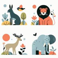 Vector illustration set of animals in flat style. Wild animals characters