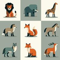 Vector illustration set of animals in flat style. Wild animals characters