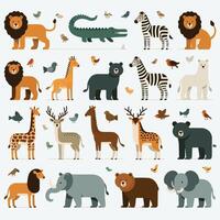 Vector illustration set of animals in flat style. Wild animals characters