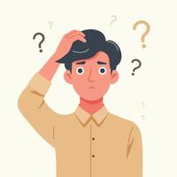 People have curious expressions and question marks are floating around their heads. flat design style vector illustration