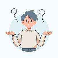 People have curious expressions and question marks are floating around their heads. flat design style vector illustration