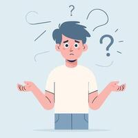 People have curious expressions and question marks are floating around their heads. flat design style vector illustration