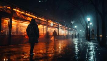ai generado Noche ciudad vida en movimiento, viajeros prisa mediante iluminado calles generado por ai foto