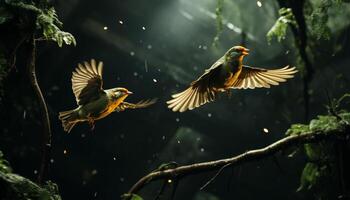 AI generated Bird perching on branch, spreading wings, in tranquil forest setting generated by AI photo