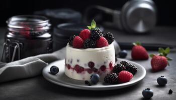 AI generated Freshness and sweetness on a plate, a gourmet berry dessert generated by AI photo