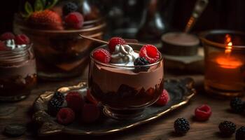 AI generated Fresh raspberry dessert on a rustic wooden table, homemade and indulgent generated by AI photo