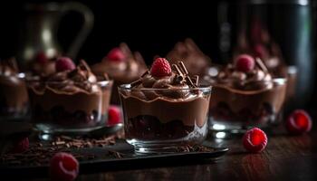 AI generated Freshness and sweetness on a rustic table, homemade chocolate mousse generated by AI photo