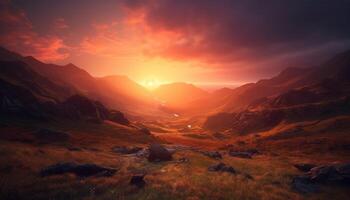 AI generated Tranquil scene  Majestic mountain peak, sunset paints nature beauty generated by AI photo