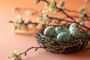 AI generated Nest with colorful Easter eggs and spring flowers on a peach colored background photo