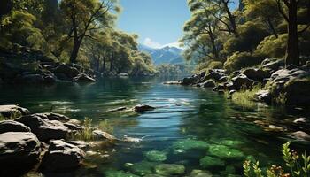 AI generated Tranquil scene  nature beauty reflected in a flowing mountain stream generated by AI photo