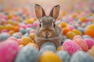 ai generado Conejo en un campo lleno con de colores pequeño Pascua de Resurrección huevos foto