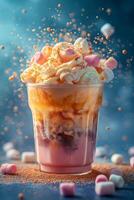 AI generated creative cocoa of different colors in glass with marshmallows with different splashes in dynamics on a blue simple background photo