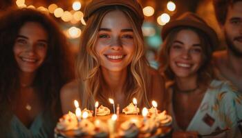 AI generated Sweet Celebration Friends Enjoying Chocolate Cake Together photo